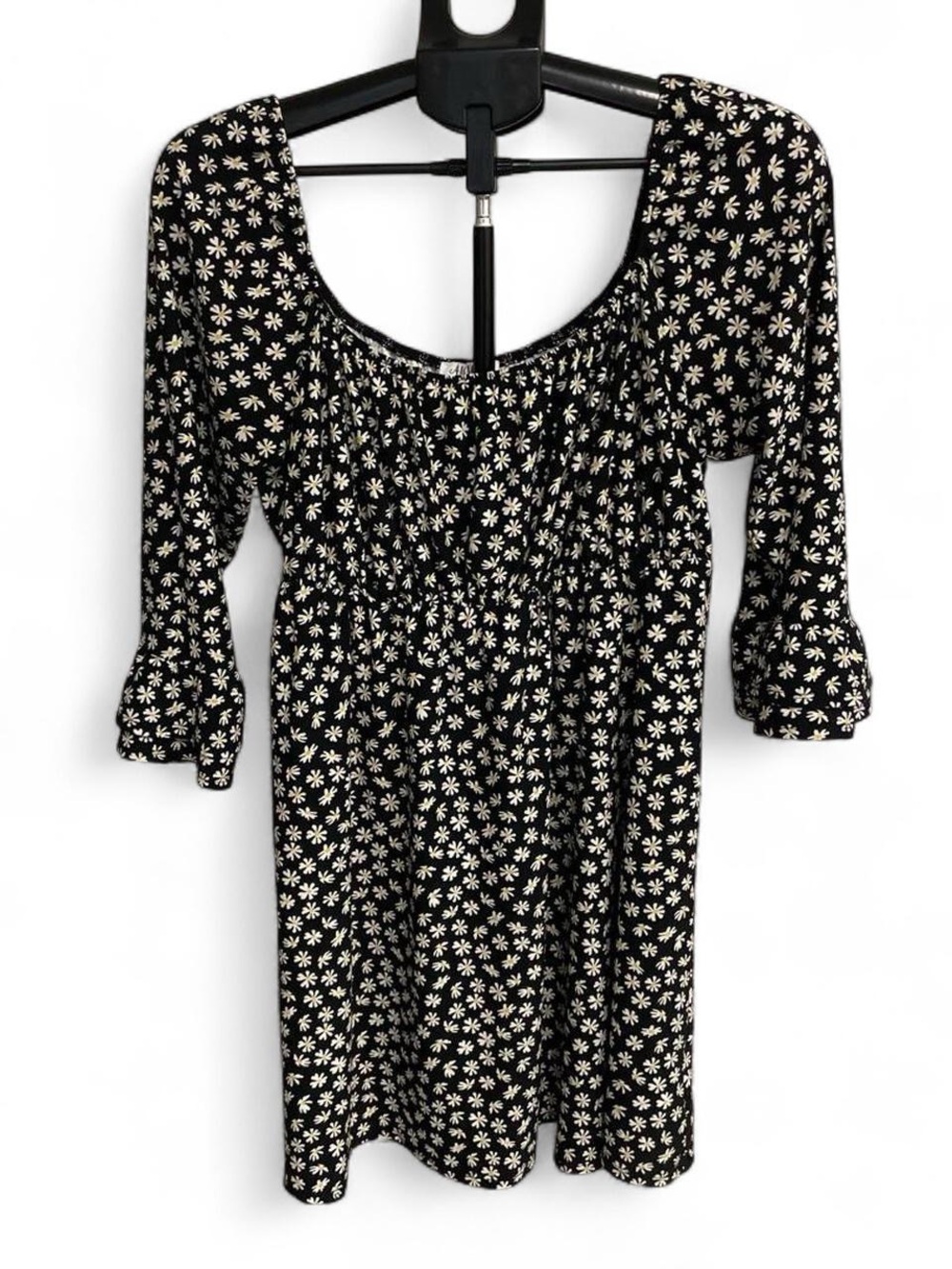 AUW Black Mini Dress with White Daisy Floral Print